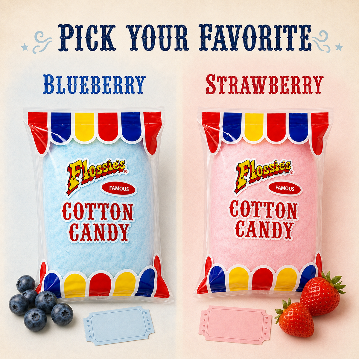 Flossie's Famous Cotton Candy Blue and Pink Party Flavors, 2.4oz Bag