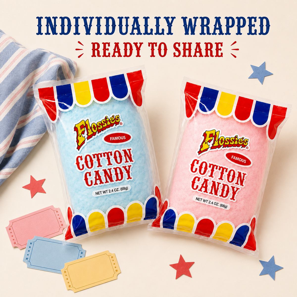 Flossie's Famous Cotton Candy Blue and Pink Party Flavors, 2.4oz Bag