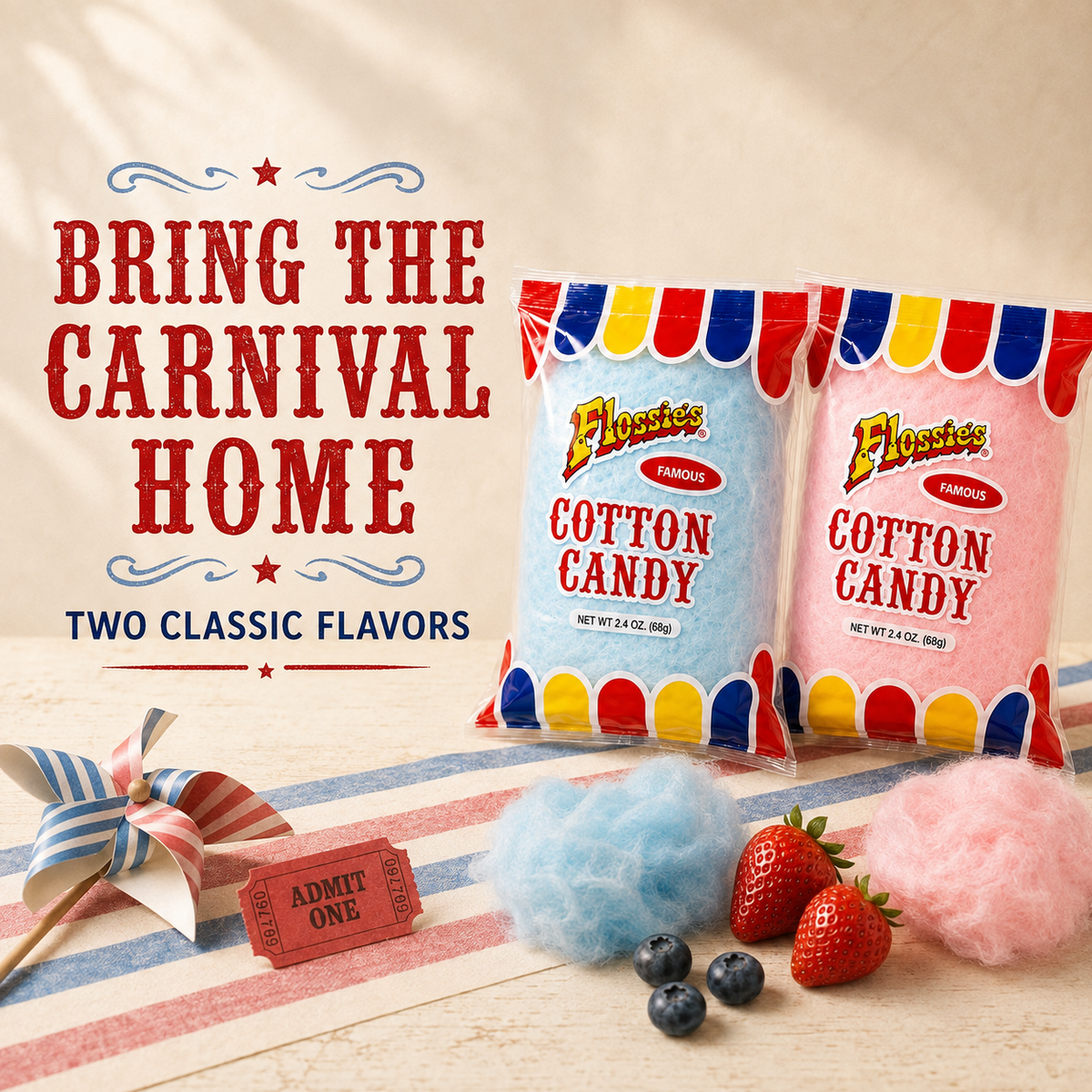Flossie's Famous Cotton Candy Blue and Pink Party Flavors, 2.4oz Bag