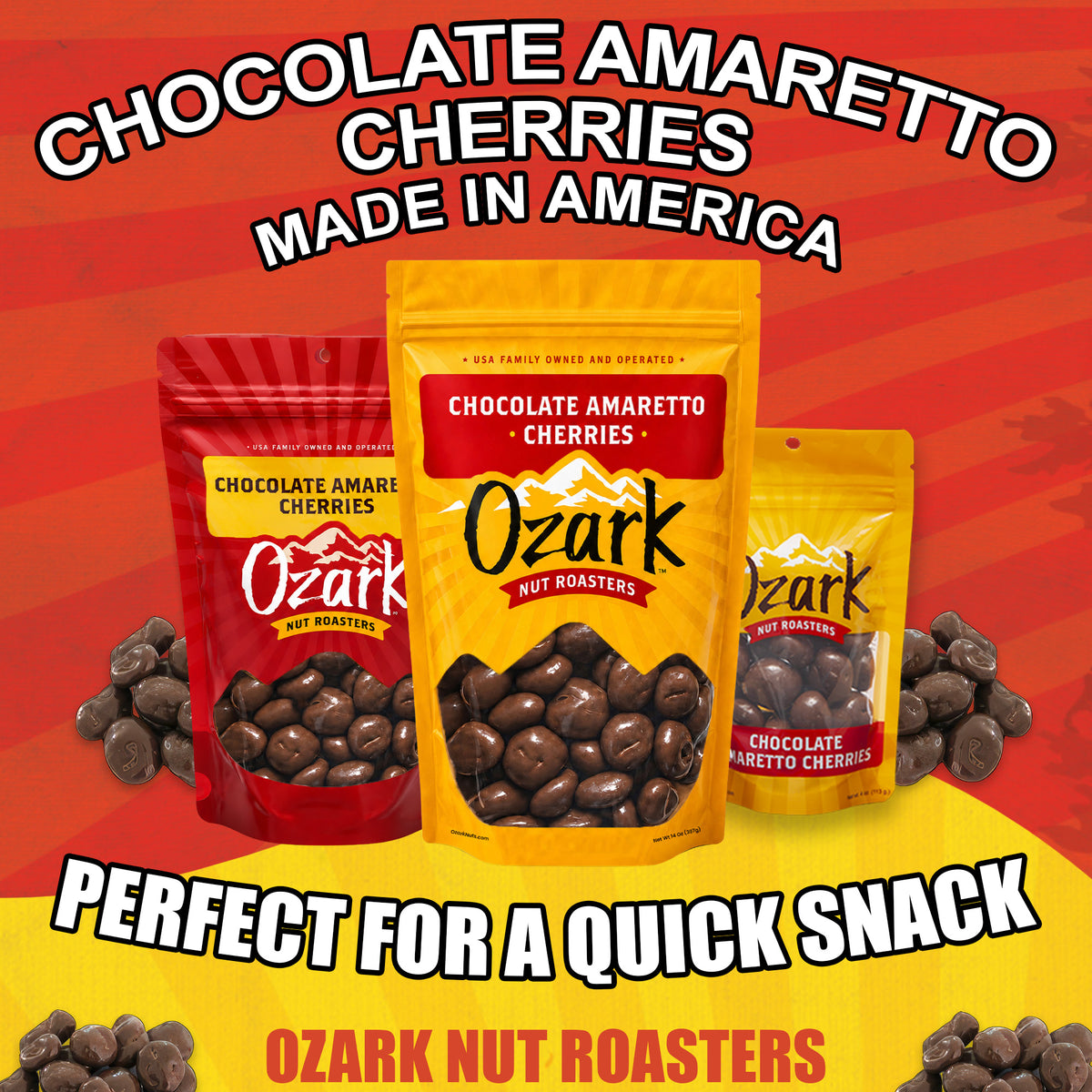 OZARK NUT ROASTERS, Chocolate Amaretto Cherries, Flavored Snack Nuts, World-Class Gourmet Candied Peanuts, Resealable Pack