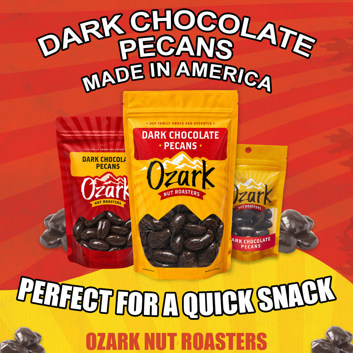 OZARK NUT ROASTERS, Dark Chocolate Pecans, Flavored Snack Nuts, World-Class Gourmet Candied Peanuts, Resealable Pack