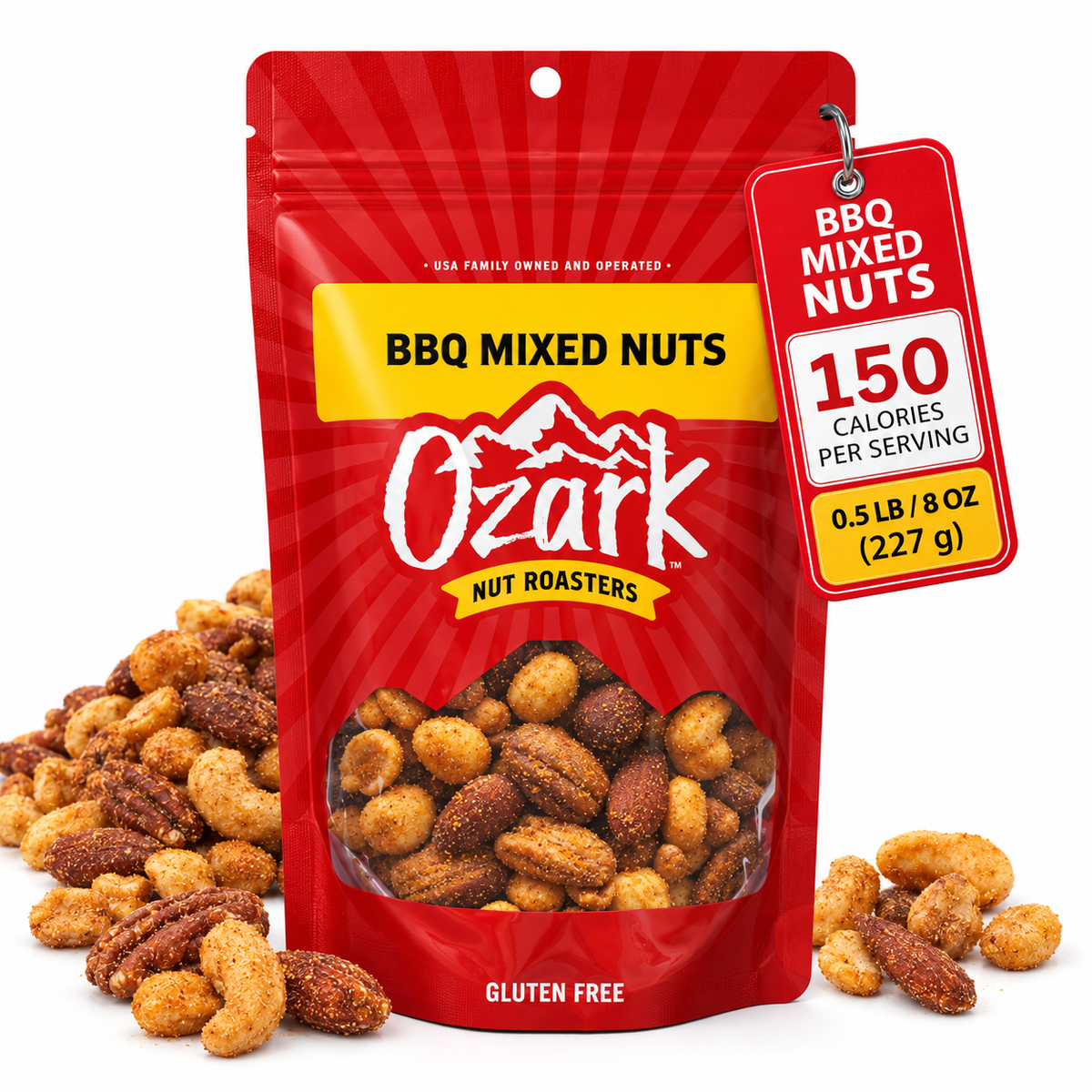 OZARK NUT ROASTERS, Smokey BBQ Mixed Nuts, Flavored Snack Nuts, World-Class Gourmet Candied Peanuts, Resealable Pack