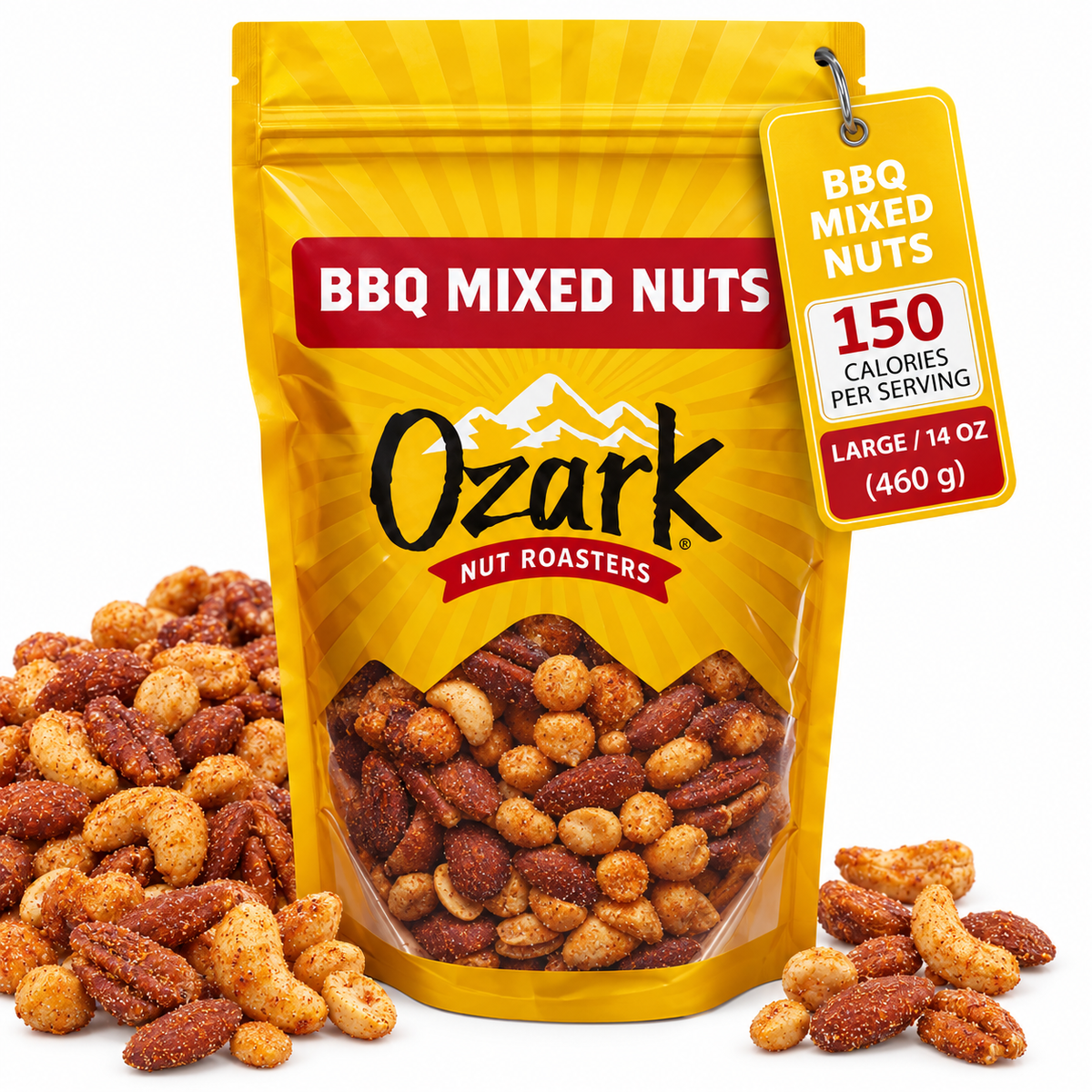 OZARK NUT ROASTERS, Smokey BBQ Mixed Nuts, Flavored Snack Nuts, World-Class Gourmet Candied Peanuts, Resealable Pack
