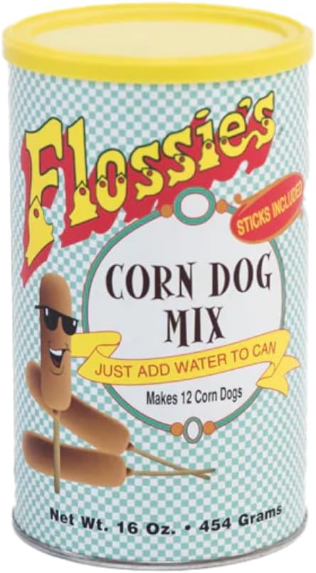 Flossie's Corn Dog Mix Sticks Included, Just Add Water to Can, Cooks in Minutes, Natural Flavor, Makes 12 Corn Dogs, 1 Pound