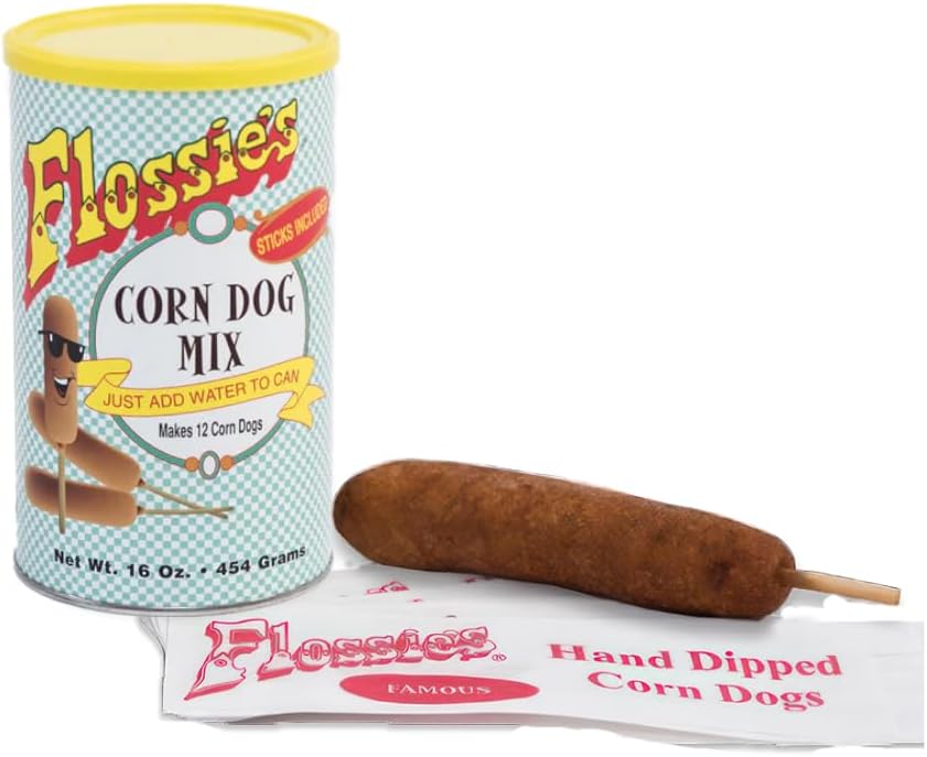 Flossie's Corn Dog Mix Sticks Included, Just Add Water to Can, Cooks in Minutes, Natural Flavor, Makes 12 Corn Dogs, 1 Pound