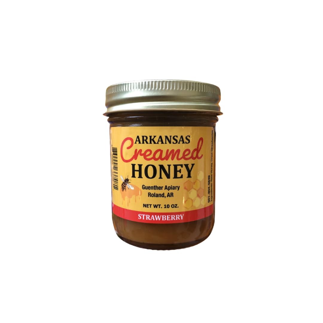 Guenther Apiary Local Arkansas Made Strawberry Creamed Honey - 100% Raw Unfiltered Honey - Crafted with Care and Expertise - Antioxidant-Rich Sweetness Packed with Nutrients - 10 oz Jar