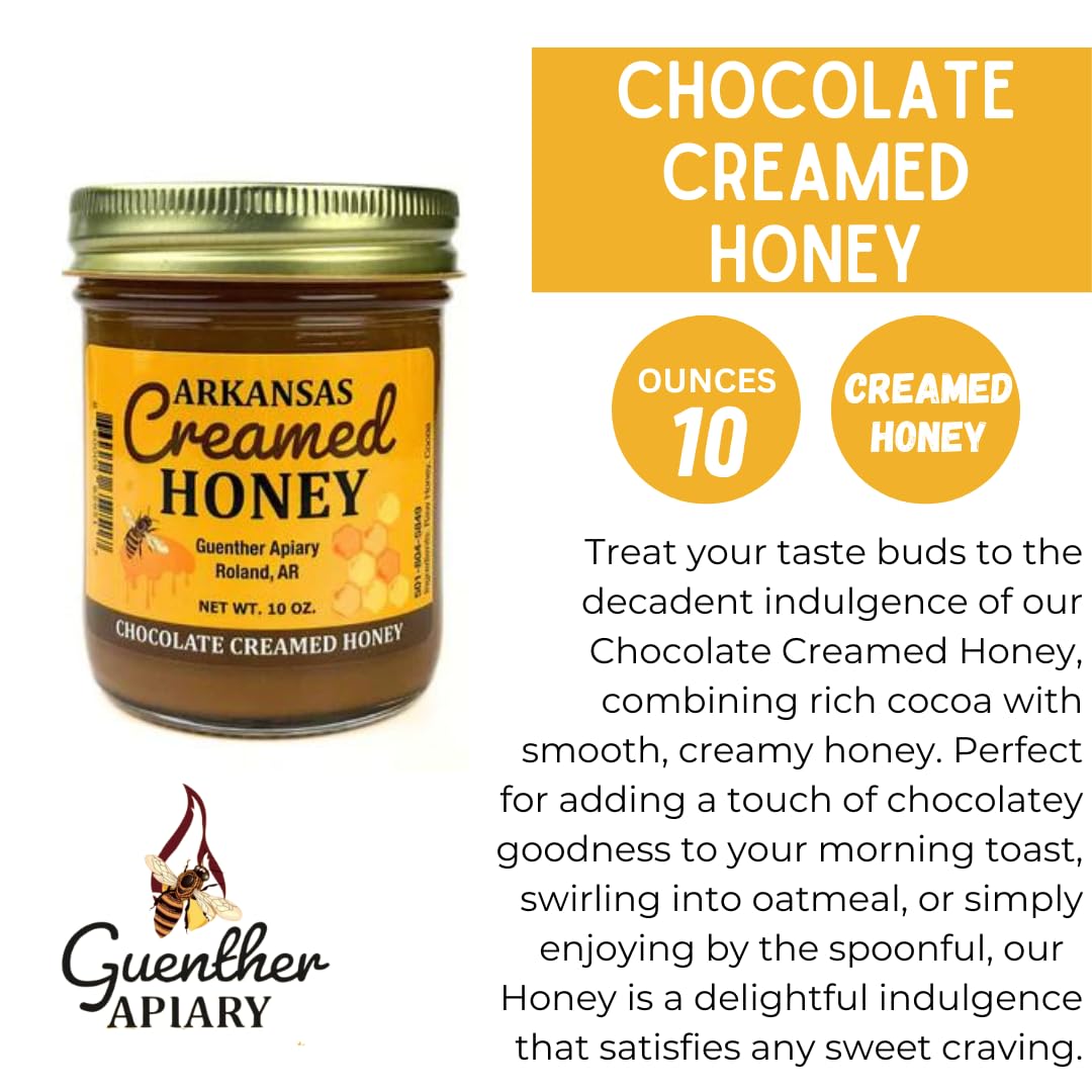 Guenther Apiary Local Arkansas Made Chocolate Creamed Honey - 100% Raw Unfiltered Honey - Crafted with Care and Expertise - Antioxidant-Rich Sweetness Packed with Nutrients - 10 oz Jar