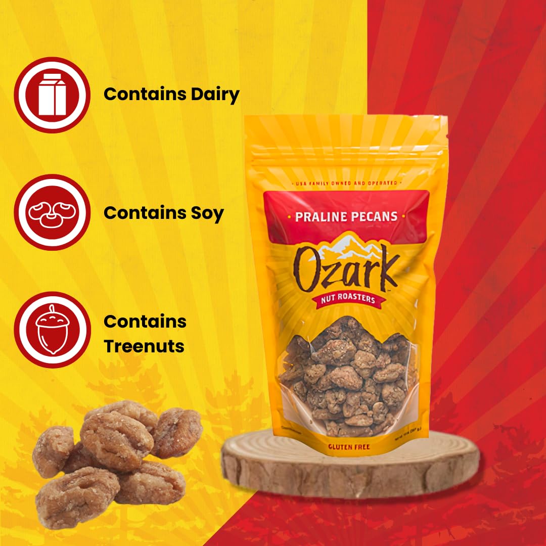 OZARK NUT ROASTERS, Praline Pecans, Flavored Snack Nuts, World-Class Gourmet Candied Peanuts, Resealable Pack