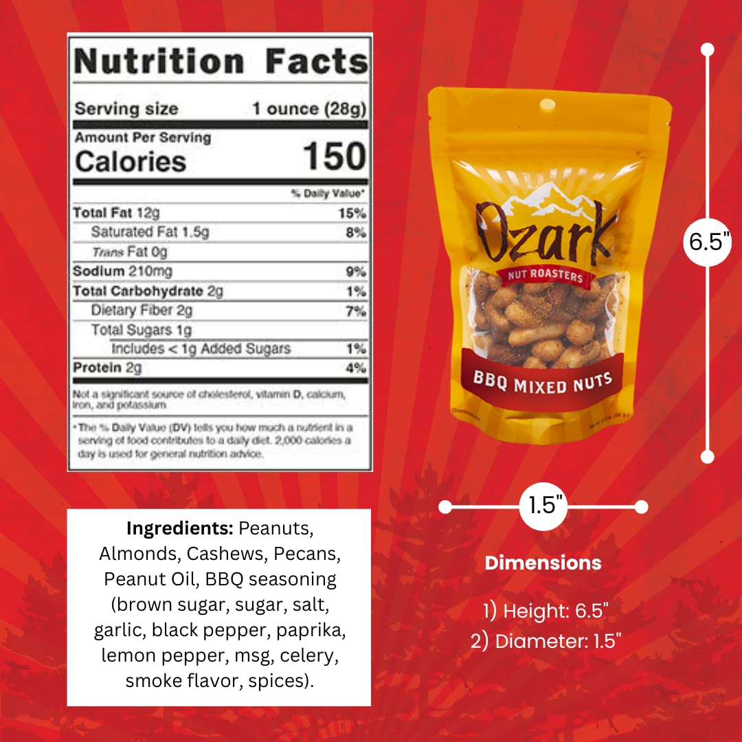 OZARK NUT ROASTERS, Smokey BBQ Mixed Nuts, Flavored Snack Nuts, World-Class Gourmet Candied Peanuts, Resealable Pack
