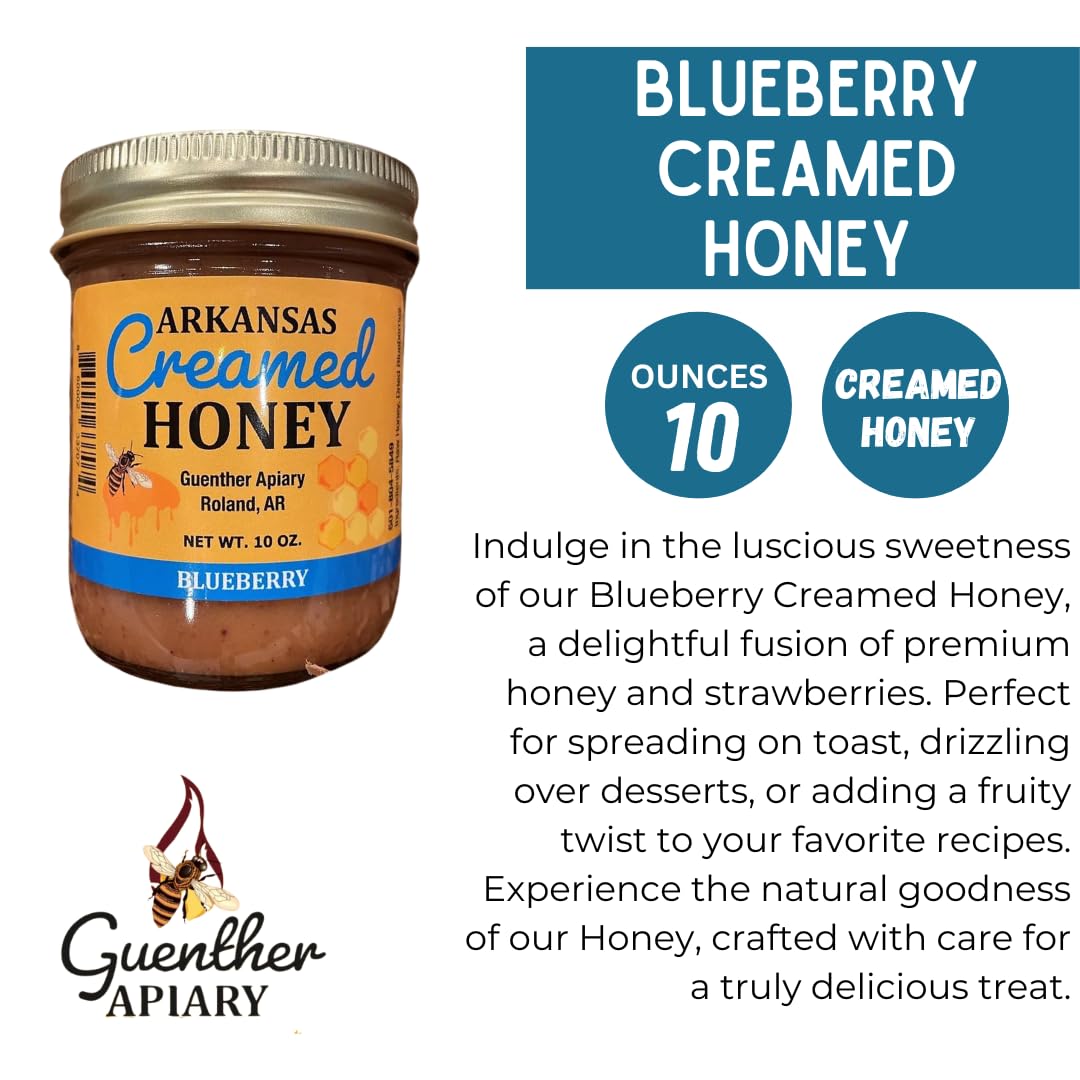 Guenther Apiary Local Arkansas Made Blueberry Creamed Honey - 100% Raw Unfiltered Honey - Crafted with Care and Expertise - Antioxidant-Rich Sweetness Packed with Nutrients - 10 oz Jar