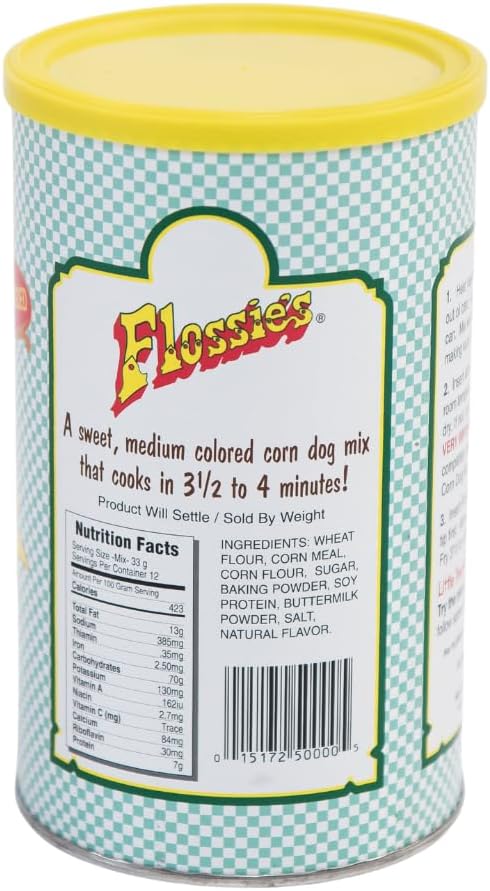 Flossie's Corn Dog Mix Sticks Included, Just Add Water to Can, Cooks in Minutes, Natural Flavor, Makes 12 Corn Dogs, 1 Pound