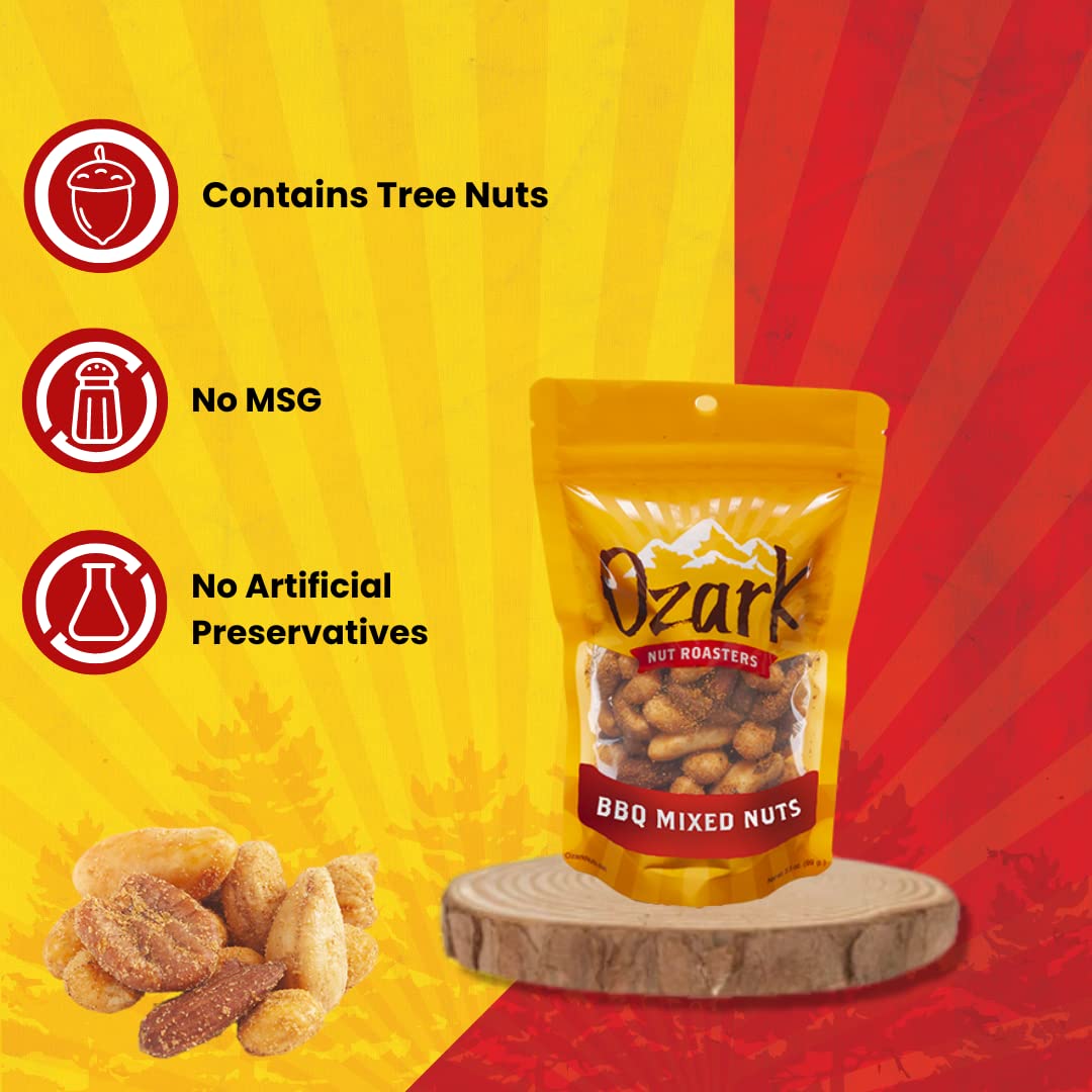 OZARK NUT ROASTERS, Smokey BBQ Mixed Nuts, Flavored Snack Nuts, World-Class Gourmet Candied Peanuts, Resealable Pack