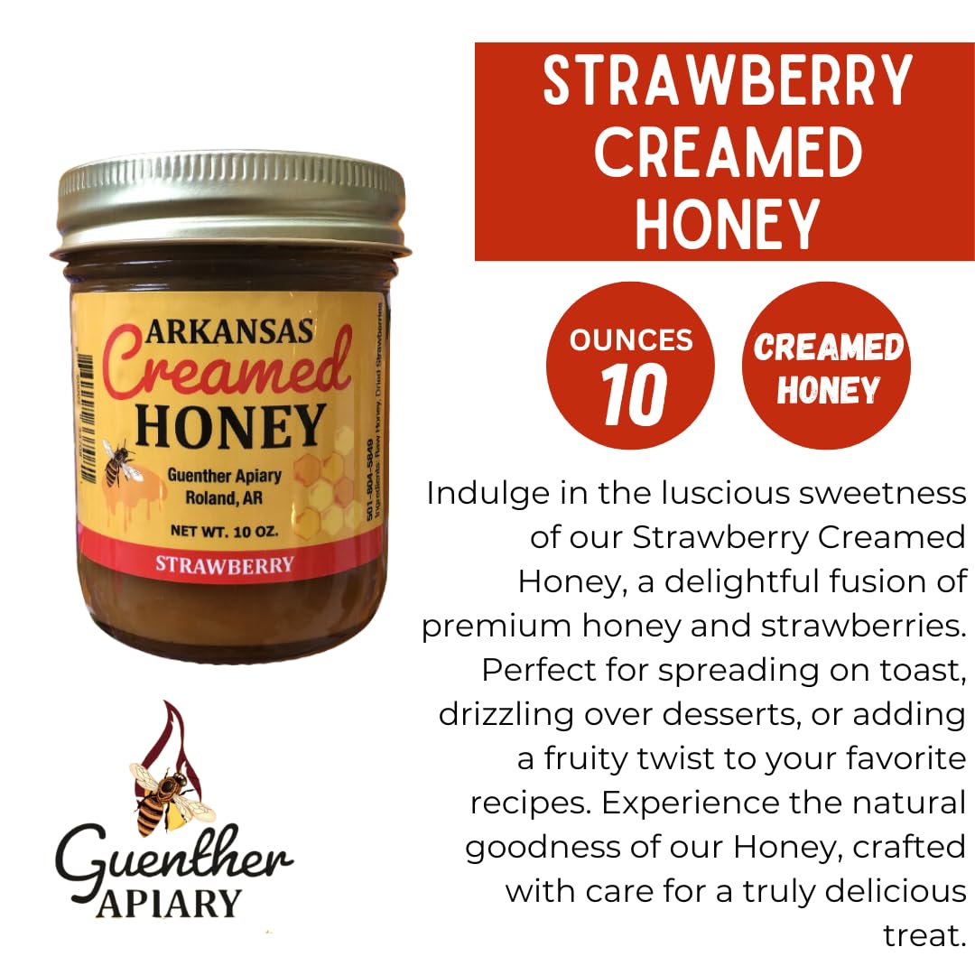 Guenther Apiary Local Arkansas Made Strawberry Creamed Honey - 100% Raw Unfiltered Honey - Crafted with Care and Expertise - Antioxidant-Rich Sweetness Packed with Nutrients - 10 oz Jar