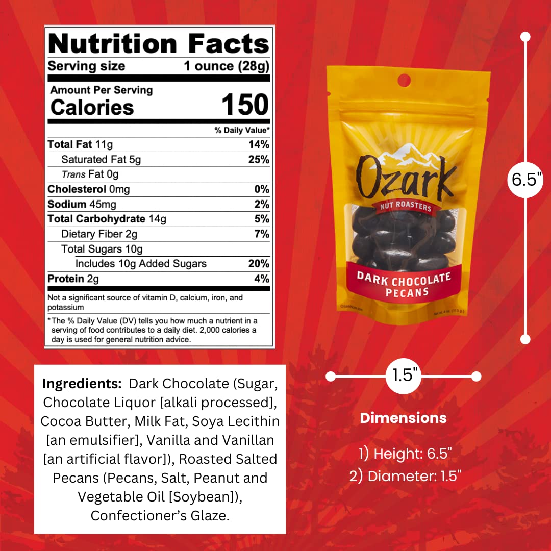OZARK NUT ROASTERS, Dark Chocolate Pecans, Flavored Snack Nuts, World-Class Gourmet Candied Peanuts, Resealable Pack