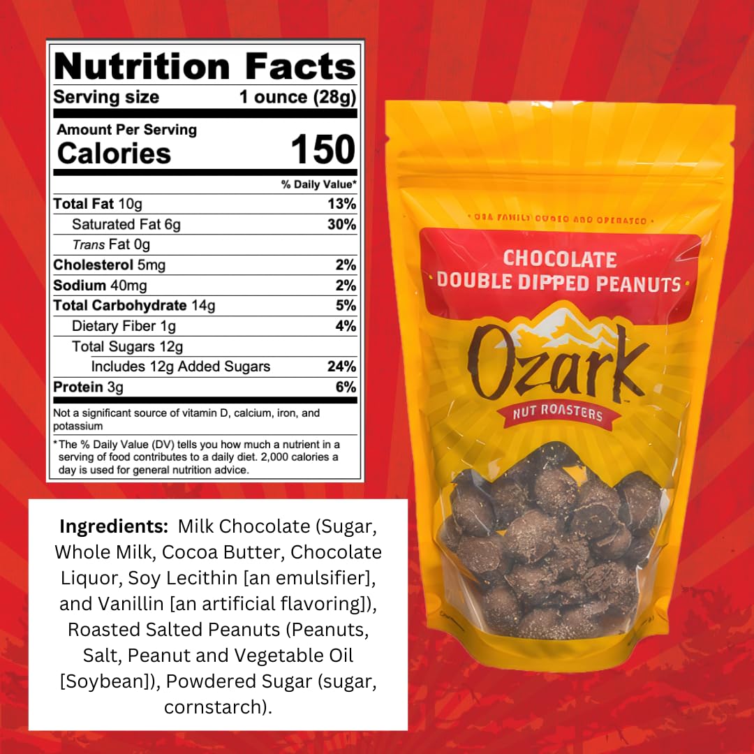 OZARK NUT ROASTERS, Double Dipped Chocolate Peanuts, Flavored Snack Nuts, World-Class Gourmet Candied Peanuts, Resealable Pack