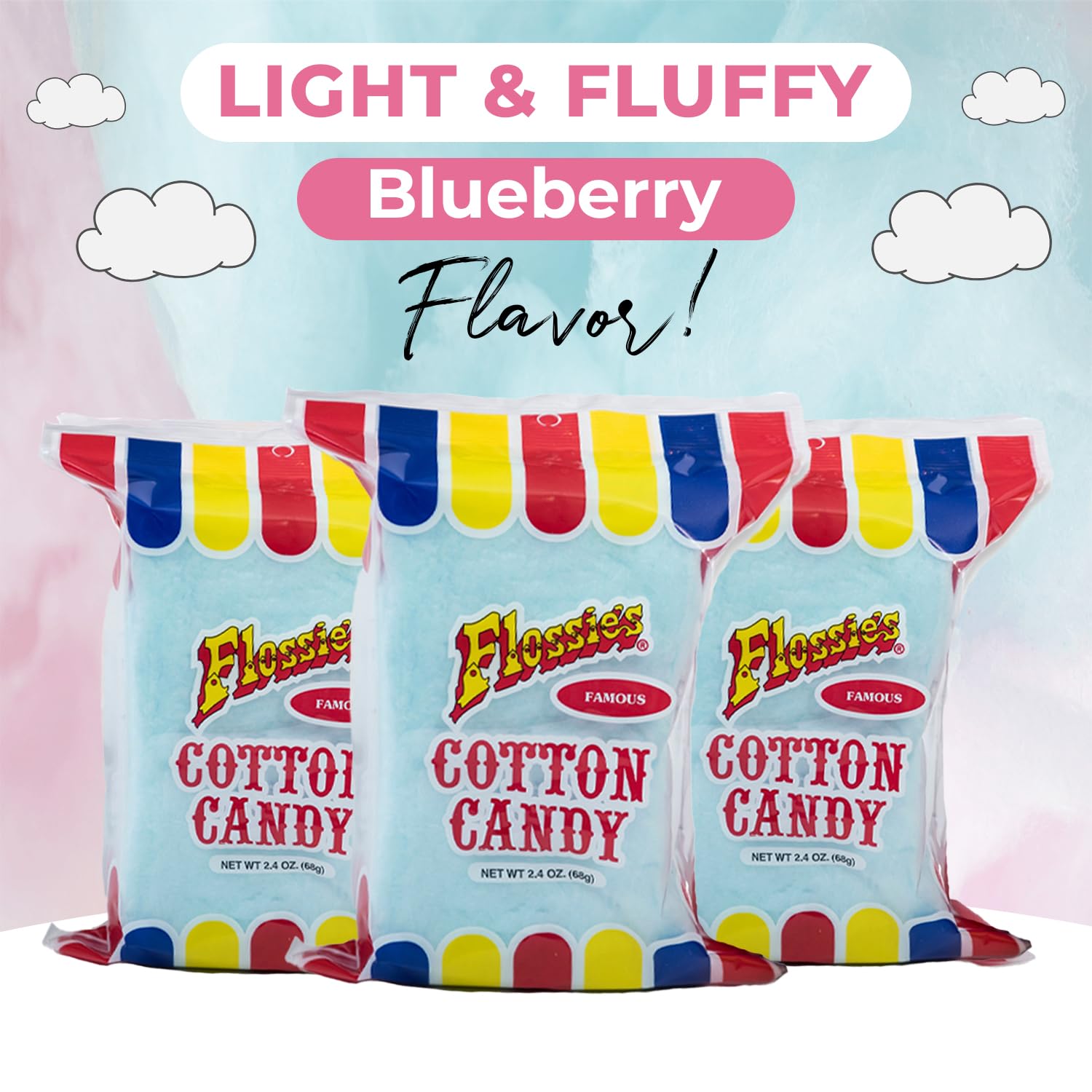 Flossie's Famous Cotton Candy Blue and Pink Party Flavors, 2.4oz Bag