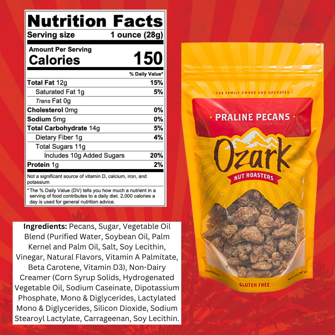 OZARK NUT ROASTERS, Praline Pecans, Flavored Snack Nuts, World-Class Gourmet Candied Peanuts, Resealable Pack