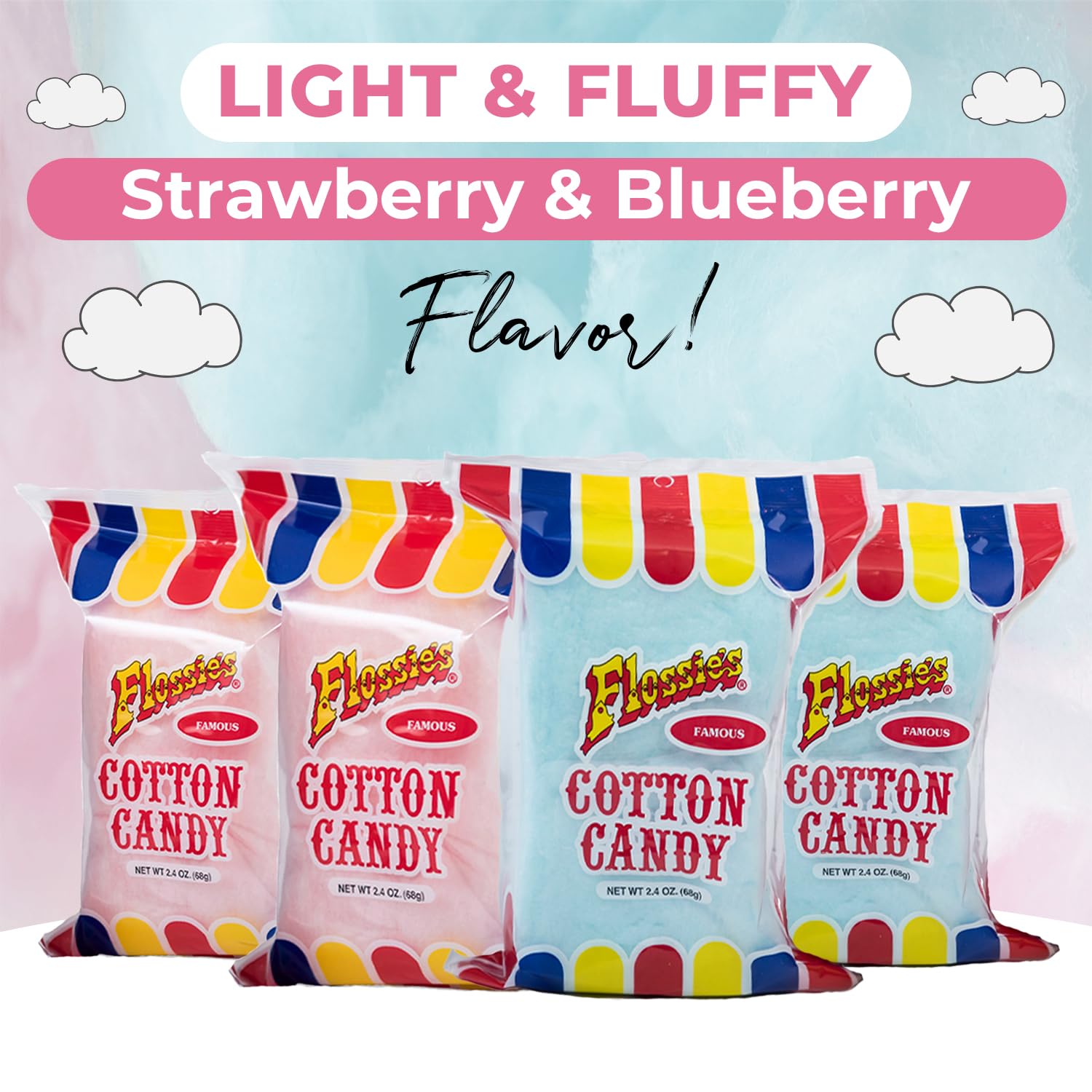 Flossie's Famous Cotton Candy Blue and Pink Party Flavors, 2.4oz Bag