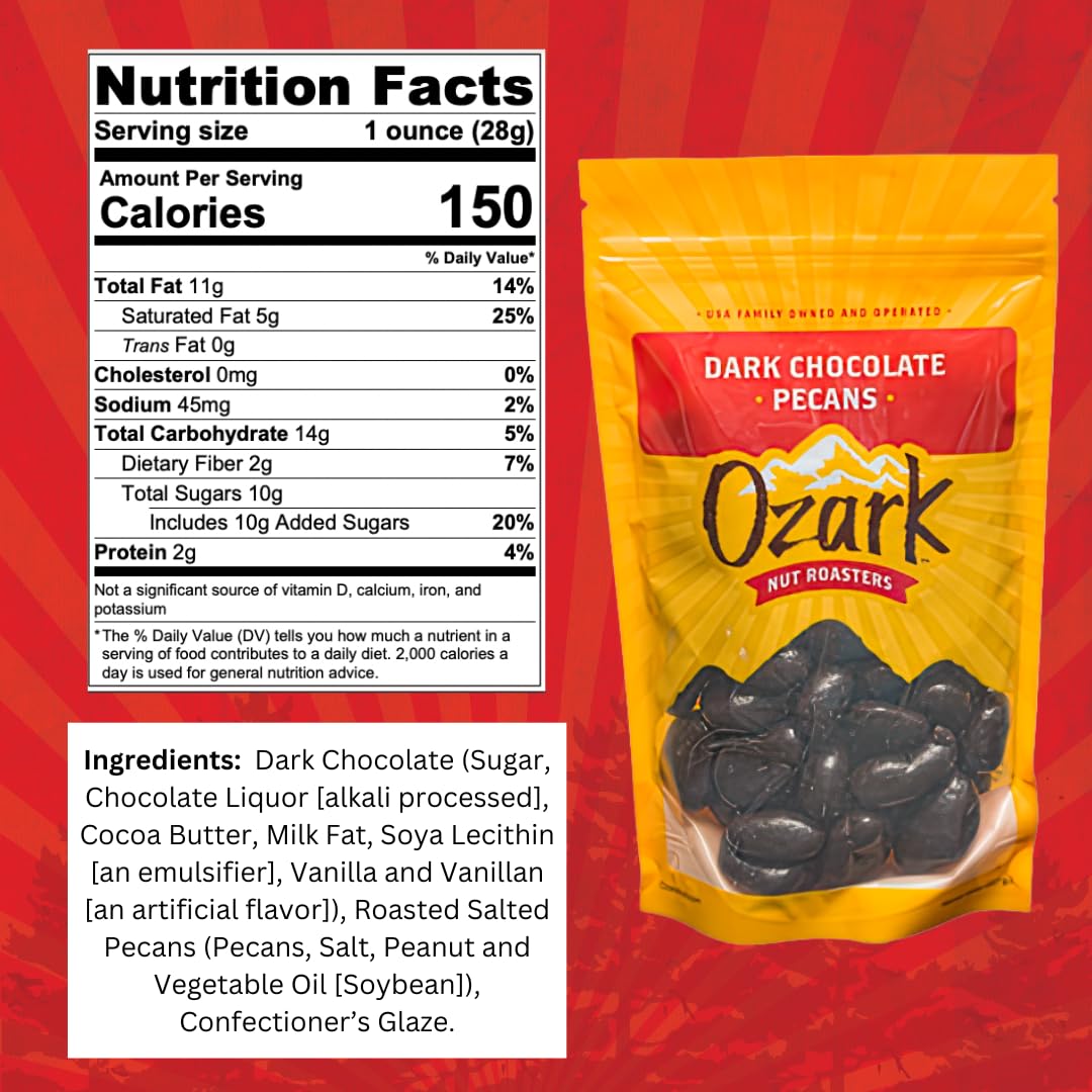 OZARK NUT ROASTERS, Dark Chocolate Pecans, Flavored Snack Nuts, World-Class Gourmet Candied Peanuts, Resealable Pack