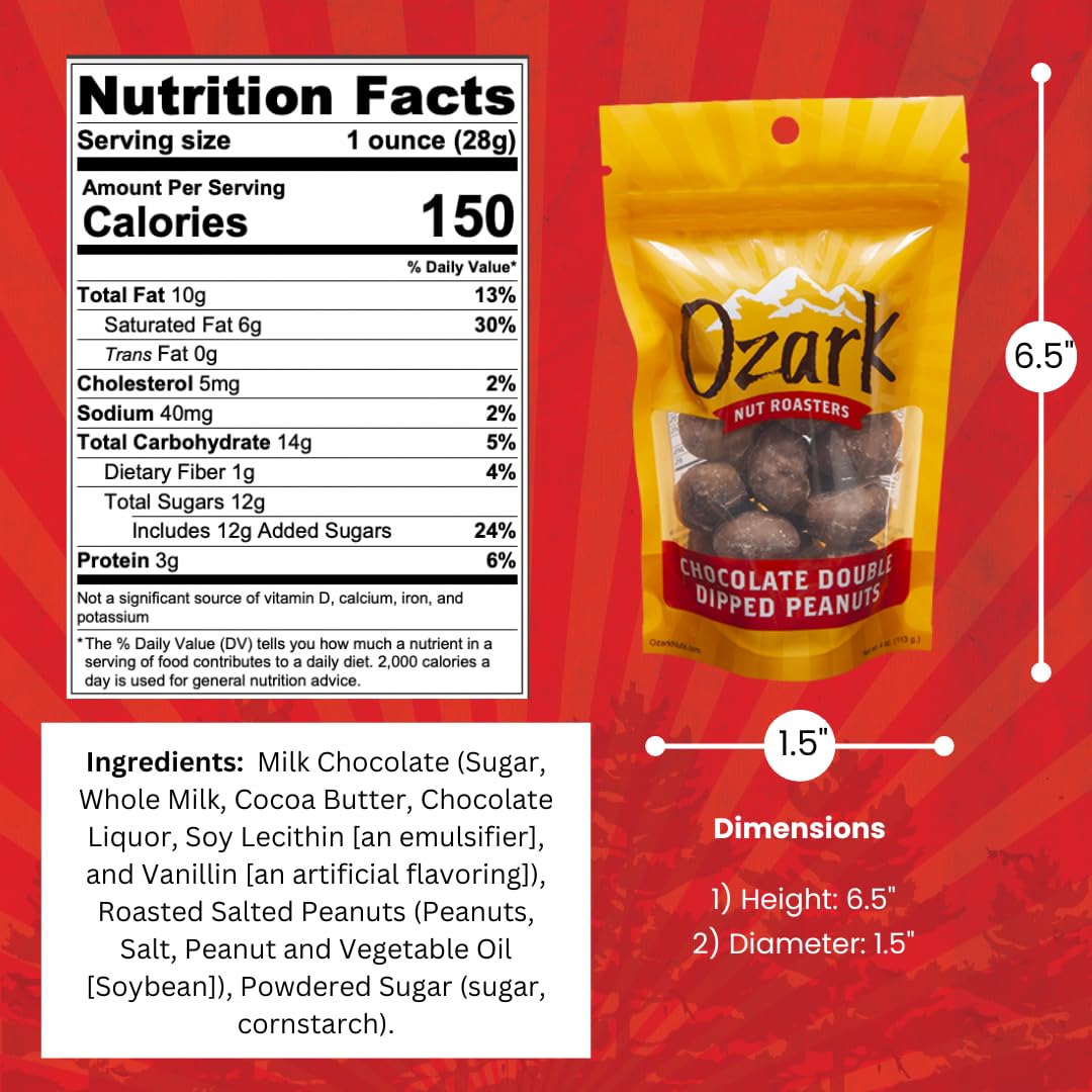OZARK NUT ROASTERS, Double Dipped Chocolate Peanuts, Flavored Snack Nuts, World-Class Gourmet Candied Peanuts, Resealable Pack